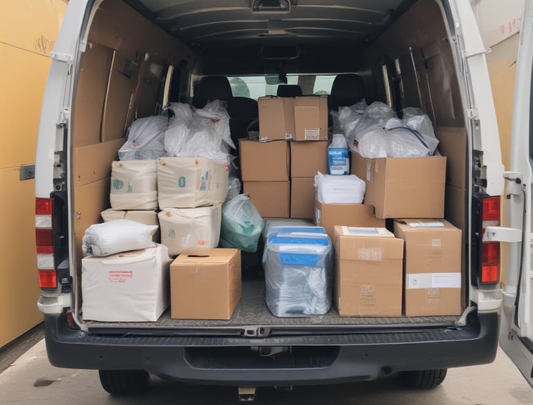 A delivery van parked outside a medical facility, ready to transport important items.