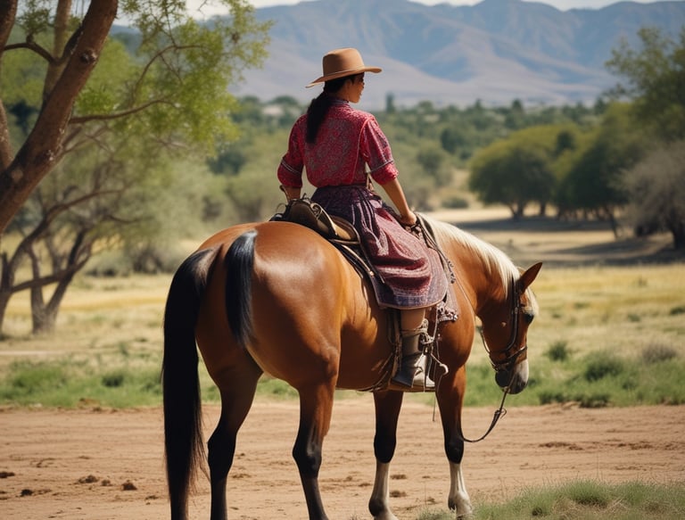 A person wearing a blue polo shirt and black cap is sitting on a brown horse with a white saddle. They are holding the reins and appear to be in an outdoor practice area with another horse and rider in the background. The area is fenced and there are several infrastructure elements and buildings visible in the distance.