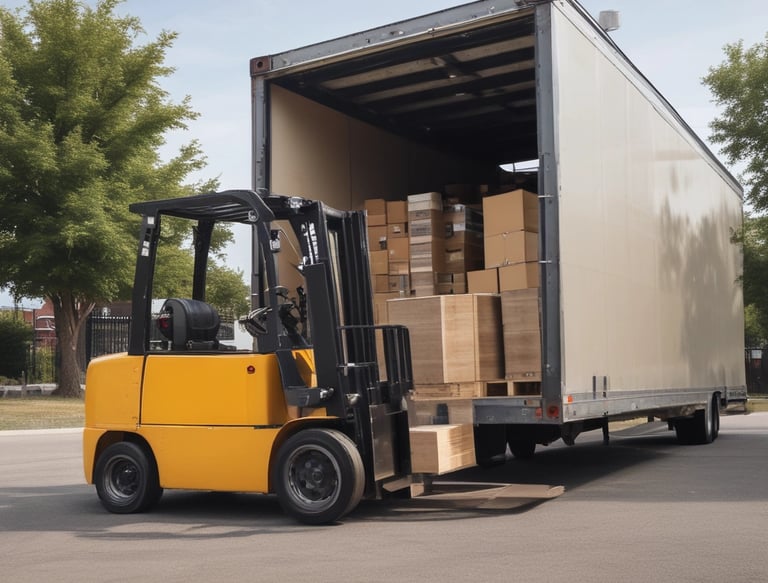 A black truck parked in an industrial area is loaded with large metal cabinets and a roll of white material. The truck's bed is wooden and surrounded by various parked vehicles in a warehouse environment.