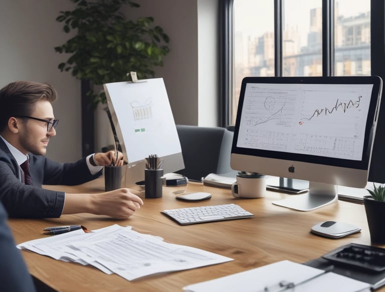man standing behind flat screen computer monitor