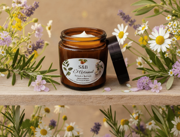 Natural herbal skin cream in an amber glass jar surrounded by fresh chamomile and lavender flowers.