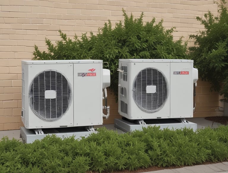Two outdoor air conditioning units,  branded Samsung and the other LG, are positioned side by side against a light-colored wall. They are surrounded by green plants and have metal pipes extending upward. The scene is partially obscured by green fence bars.