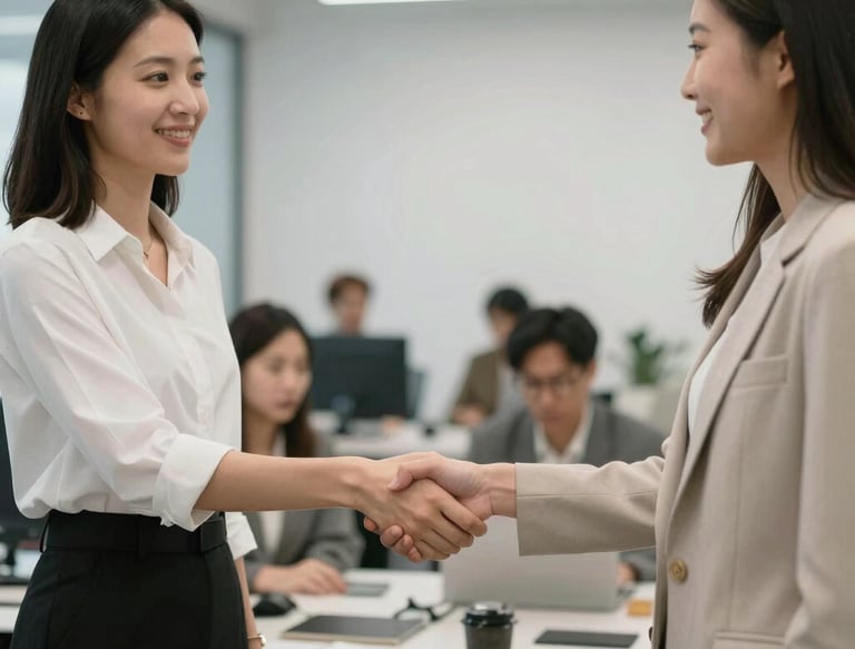 Satisfied customer shaking hands with a technician beside a vacuum packaging system.