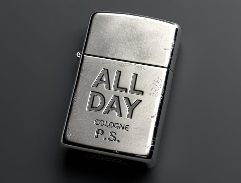 a lighter shaped cologne bottle with the words all day