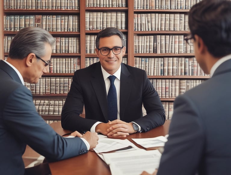 A team of legal professionals collaborating over a table filled with legal documents and a laptop.