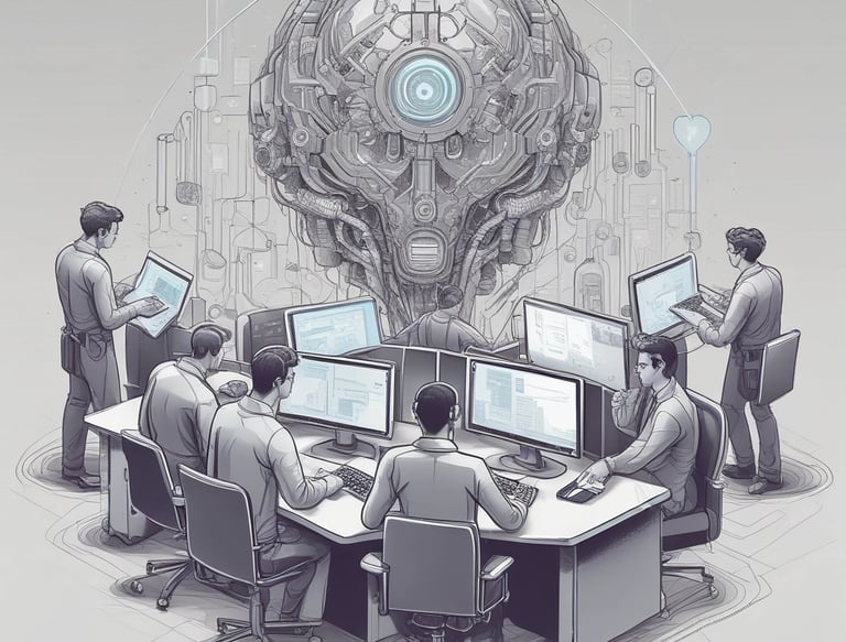 A modern office space with a team collaborating on AI website projects.