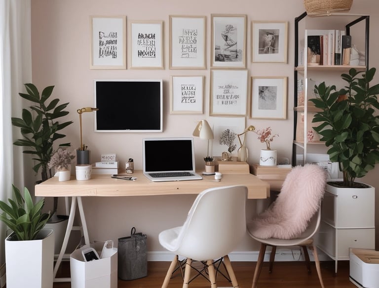 A cozy workspace filled with lifestyle and beauty products.