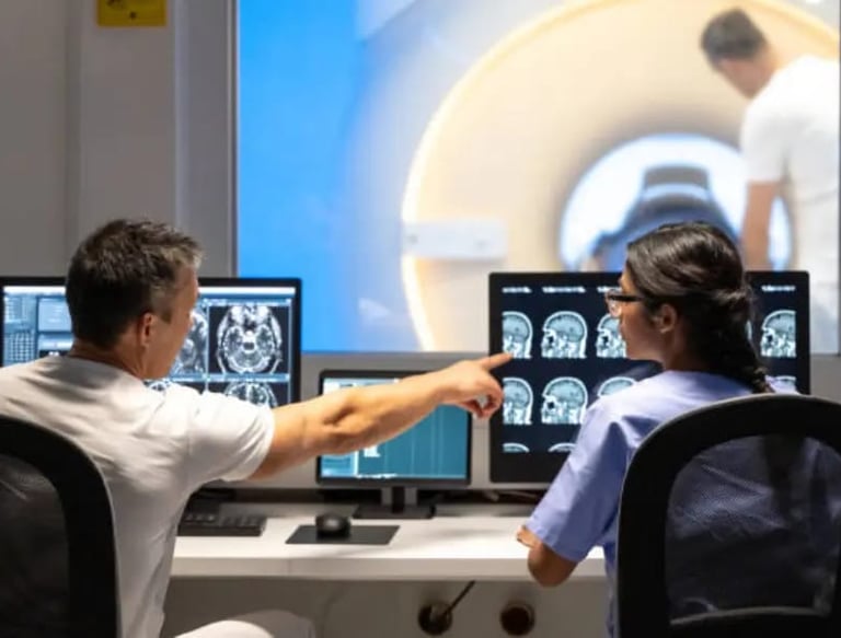 Radiologist analyzing brain MRI scans on digital screen