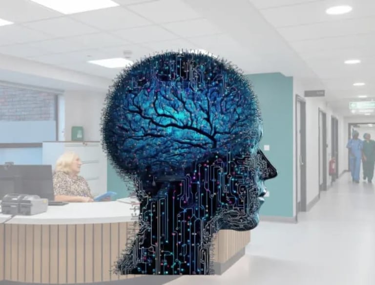 MRI brain scan illustration in hospital corridor