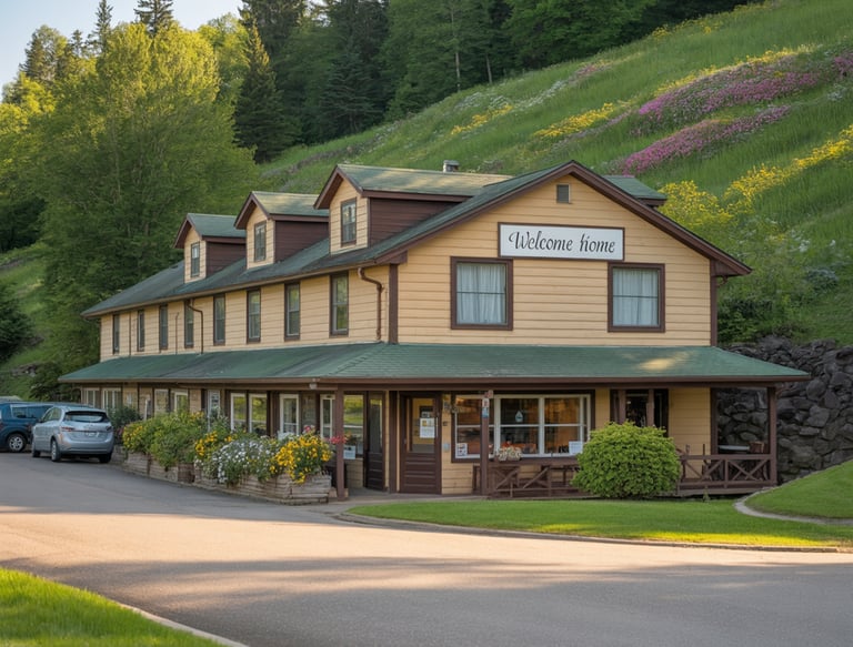 Charming two-story guest house with welcome sign, flowers, and moutain backdrop.