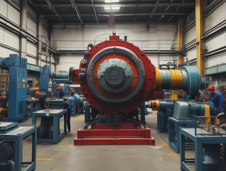 A large, industrial machine with gears and mechanical parts is positioned outdoors in front of a modern building. The building features geometric architectural elements with multiple small windows and a smooth white facade. A sparse urban setting with minimal vegetation surrounds the scene.