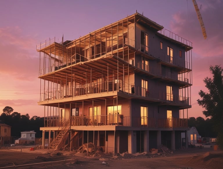Silhouette of building construction site with maroon frame accents.