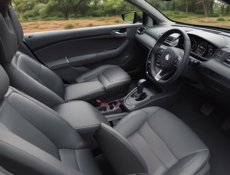 Close-up of a shiny car key fob resting on a polished wooden dashboard.