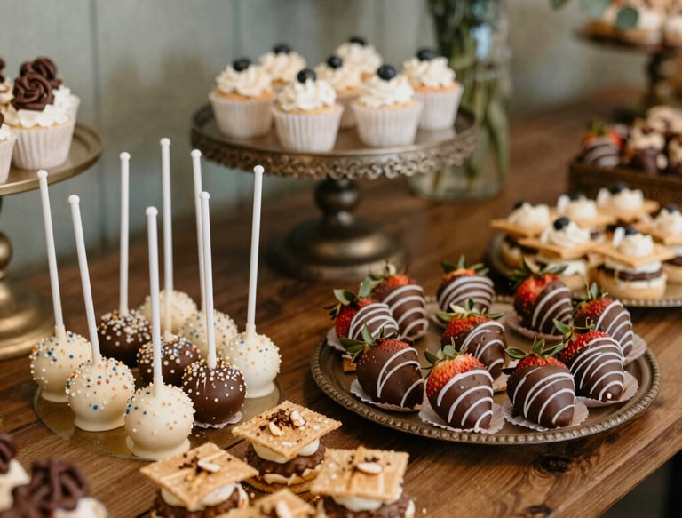 A softly lit vintage-inspired dessert table adorned with blush pink accents and delicate gold outlines.