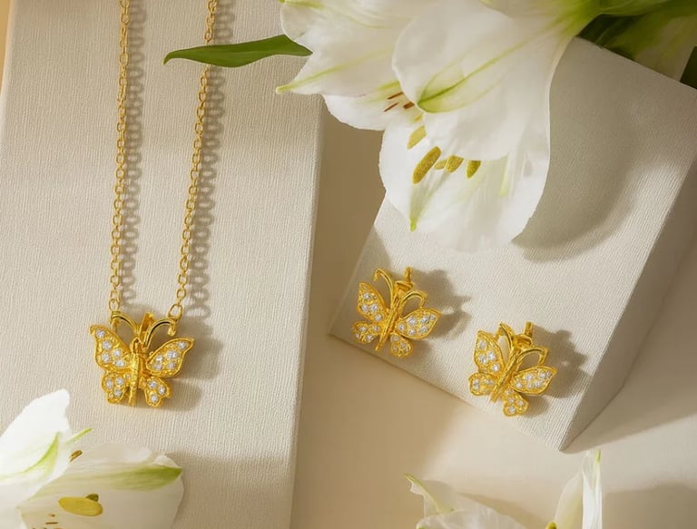 City Girl  Cz stone Studded Gold Plated Cocktail Set Golden Butterfly