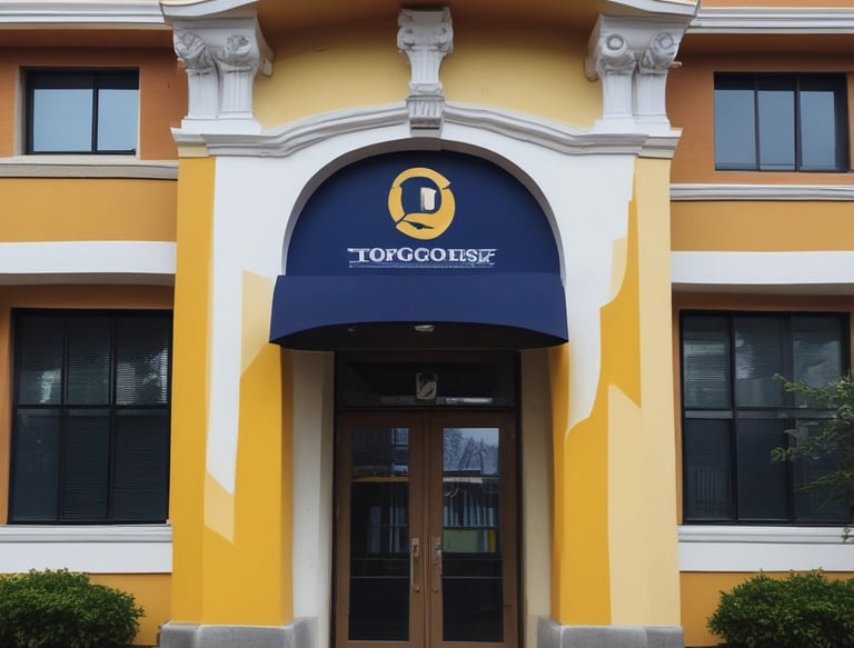 A blue sign with gold letters in both a local language and English, advertising a foreign language specialized school. The sign is situated outside a building surrounded by trees and lit by natural sunlight.