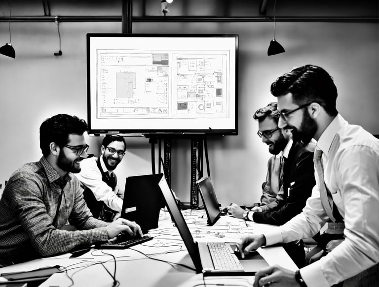 a group of men sitting around a table with laptops