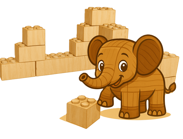 Ein comicartiger Elefant steht vor einem Haufen Baldauf-Holzbausteine