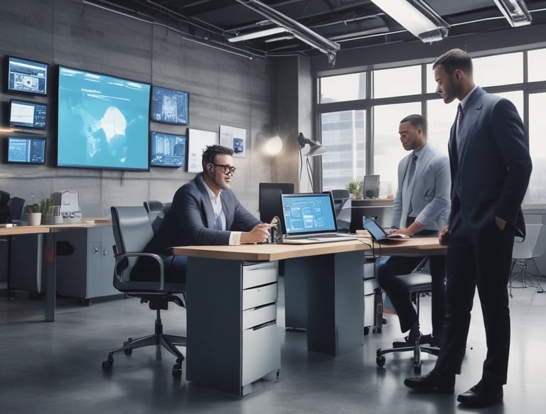 A person is typing on a silver laptop with a screen displaying text about designing digital solutions for big customers. Nearby, there is a black smartphone and white earphones placed on the desk. The person's sleeves are light blue, suggesting a casual attire.