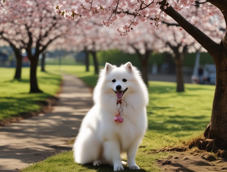 Japanese Spitz Adult Dog in Sakura Park. Rare designer dogs breed