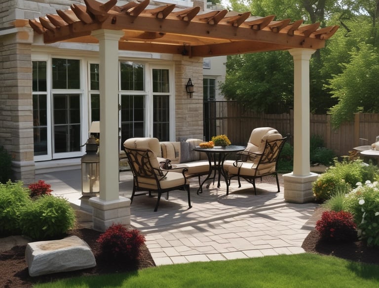 A small landscaped garden with neatly arranged stepping stones on a lush green lawn. Tall palm trees are scattered, providing shade and adding a tropical feel. The area is enclosed with black iron railings and a beige wall. In the background, distant hills are visible against a partly cloudy sky.