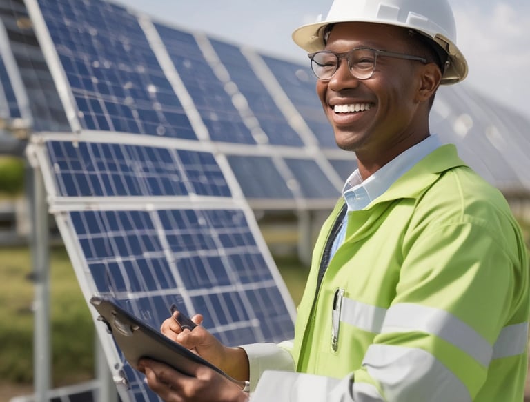 Solar panels integrated into Ecuador's electrical grid infrastructure under a clear sky.