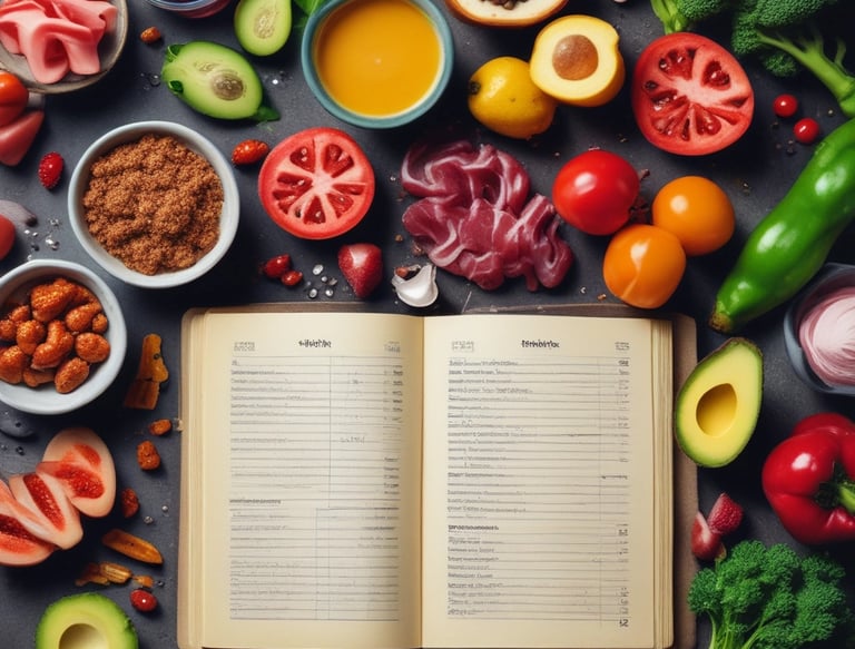A vibrant display of floating food items includes an avocado half, a brown egg, cherry tomatoes, a slice of red bell pepper, almonds, and leafy greens. Among them, a fork and letter tiles spelling 'KETO' are interspersed. The background features a warm, mustard yellow color.