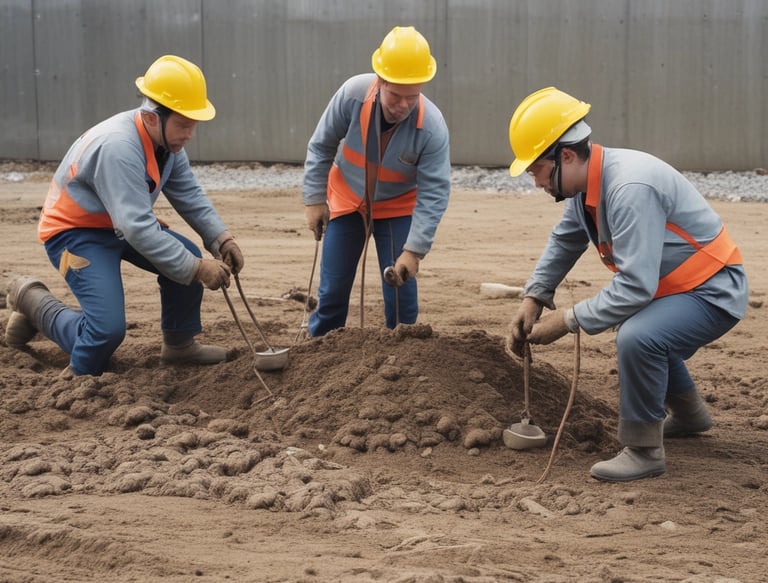 Several workers are engaged in a construction project, surrounded by numerous rebar rods. They are using equipment to pour concrete, with one worker guiding the chute and others spreading the mixture on the surface.