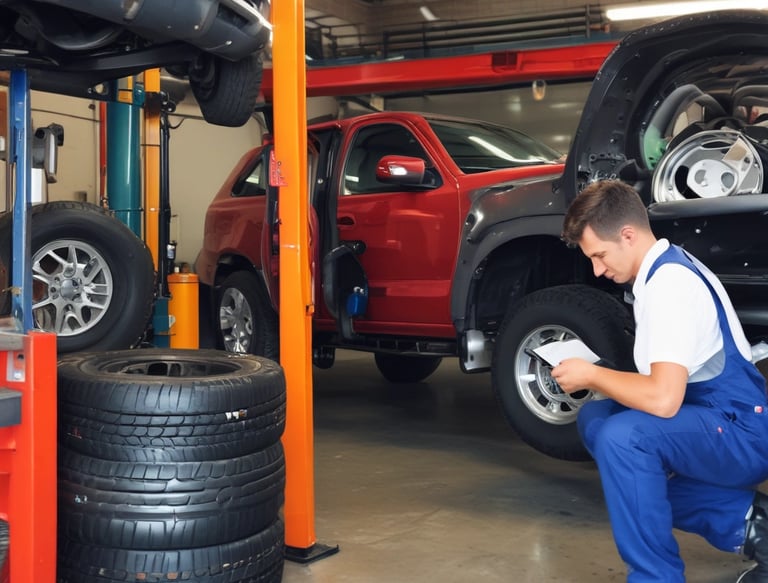 A car service or repair garage is depicted, with a vehicle hoisted on a lift. A laptop is placed on a nearby workstation with an open drawer filled with tools. The environment features tiled walls and floor, and equipment such as a tire changer and a balancing machine. Fluorescent lighting provides illumination.