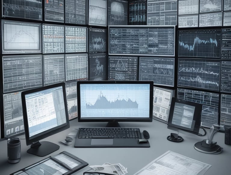 A team of professionals analyzing data charts on multiple computer screens in a modern office.