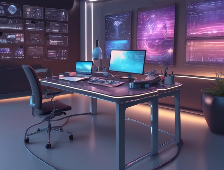 A modern creative studio workspace showcasing design tools and branding materials.
