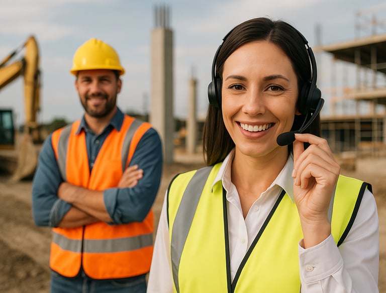 Female construction project manager with headset and male contractor at commercial building site