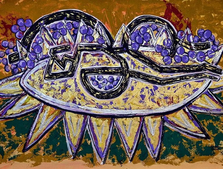 a painting of a fish with a sunflower on it