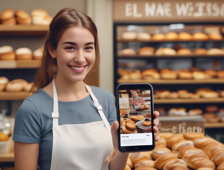 The focus is on a computer screen displaying an online store featuring T-shirts with various graphic designs. The left side of the image is blurred, showing indistinct colors and shapes, possibly a menu or food items.