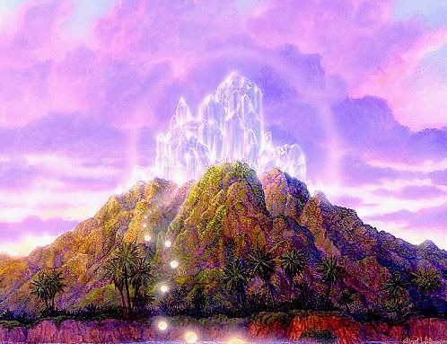 a painting of a mountain scene with a lake and a crystal mountain in the background