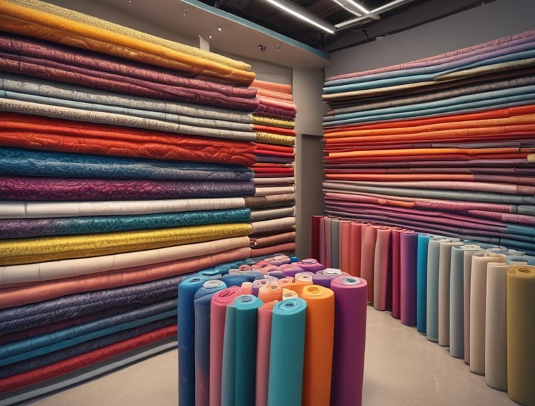 A well-organized clothing store with displays of neatly stacked shirts in various colors, mainly white, blue, and beige. Mannequins dressed in formal attire are placed around the store. Shelves are stocked with boxes and additional clothing items. Overhead lighting creates a warm atmosphere, and signs displaying prices are visible throughout the store.