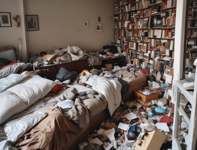 A professional cleaning team in protective gear working in a cluttered living space.