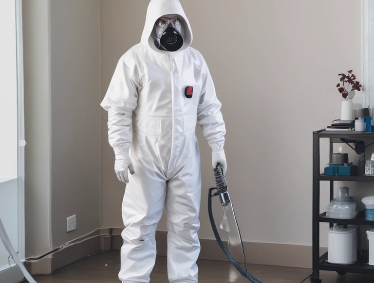 A professional cleaner in protective gear working in a cluttered room.