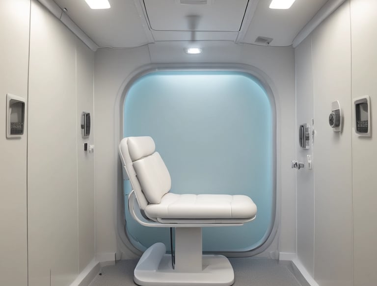 A dimly lit hospital room featuring an oxygen regulator attached to a wall. The device includes a flow meter and oxygen mask with tubing. The walls are tiled, with some areas catching a warm light.