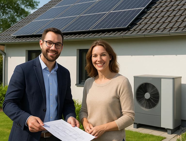 Mann und Frau Stehen mit einem Blatt Papier vor einem Haus mit eine Photovoltaik und Wärmepume