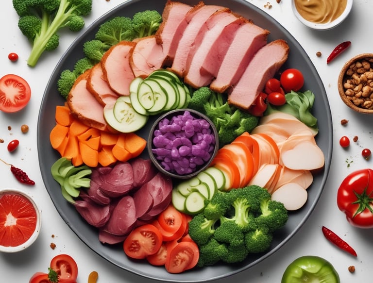 The image contains three jars of dietary supplements labeled 'Womb Rebalance' and 'Fertility Support,' placed against a purple background. A small white bowl filled with capsules is nearby. There is also a red and white paper cutout of a uterus, adding a thematic element to the composition.
