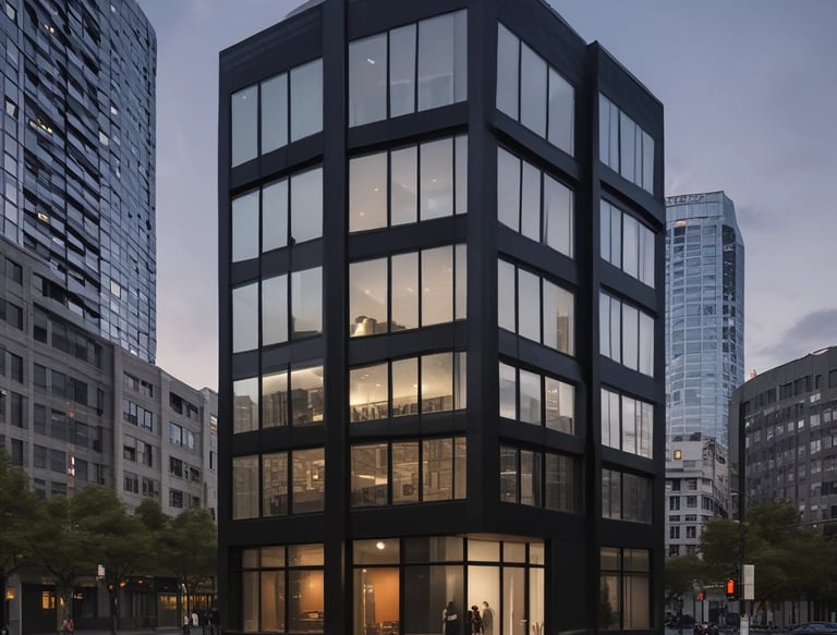 A multi-story building under construction with scaffolding in place. The structure features a modern design with a combination of large glass windows and darker paneling. The construction site is enclosed by a blue barrier, and there is a clear sky in the background with a few trees visible on the left side.