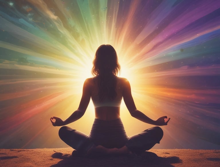 a woman sitting in a lotus position with a sunbeam
