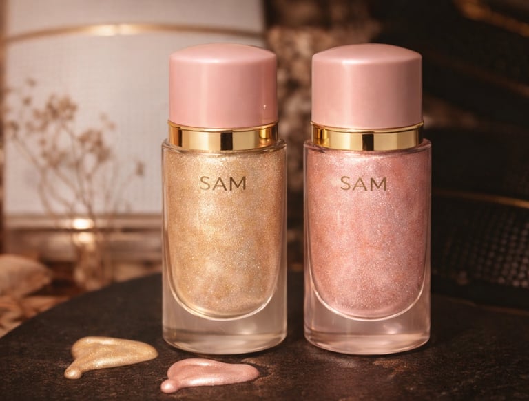 Dos botellas de iluminador líquido con brillo de S.A.M en tonos dorado y rosa para una piel radiante