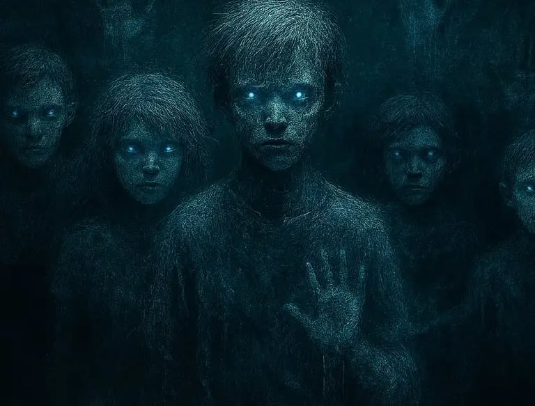 Horror illustration of ghostly frost‑covered children with glowing blue eyes emerging from mist and shadows