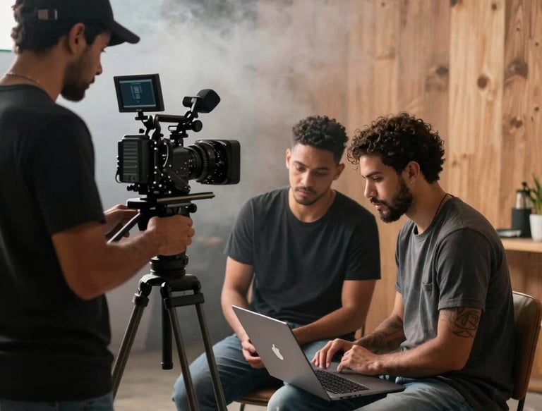 Three individuals are engaged in a filmmaking or video production process inside a studio. One person operates a professional camera mounted on a rig, wearing a mask and cap. Two other people are seated, one intently looking at a laptop, creating an atmosphere of concentration and collaboration.