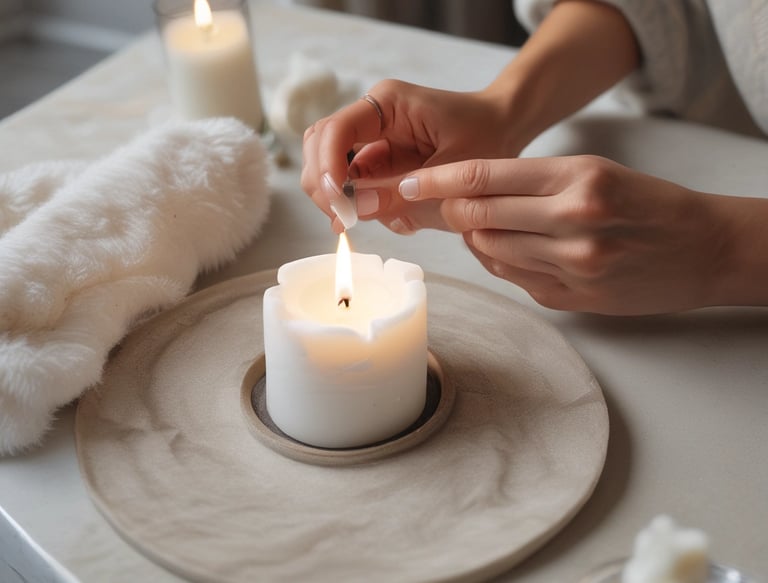 A serene woman meditating in a sunlit room surrounded by crystals and candles.
