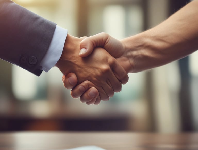 two men facing each other while shake hands and smiling