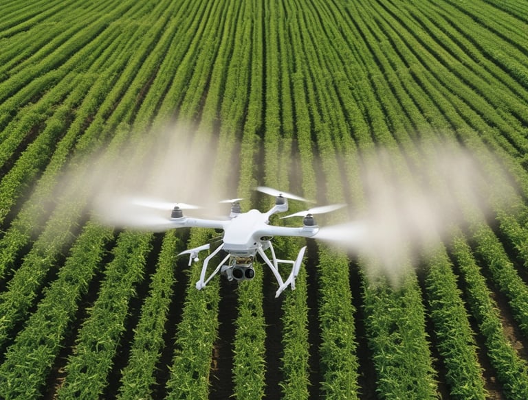 A drone is flying over an expansive, golden field, likely a wheat field, with gentle rolling hills in the background. The sky appears cloudy, with soft lighting casting a serene glow over the landscape.