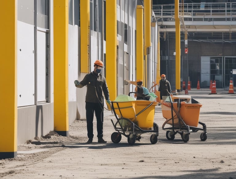 A minimalist composition featuring eco-friendly cleaning products arranged on a textured beige fabric. There's a bottle with a pump dispenser, a small packet, and two paper bags with lavender and mint green labels. The background is softly lit, creating a calm atmosphere.